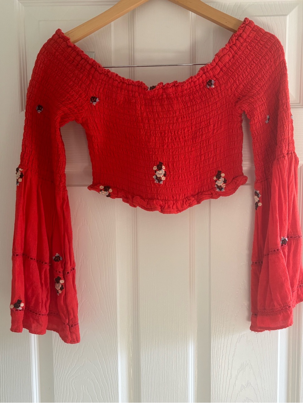 Free People Red Smocked Off-Shoulder Bell Sleeve Crop Top